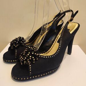 NEW Beverly Feldman Black Suede w/ Gold Studs Peep Toe Slingback Pumps sz.8 $275
